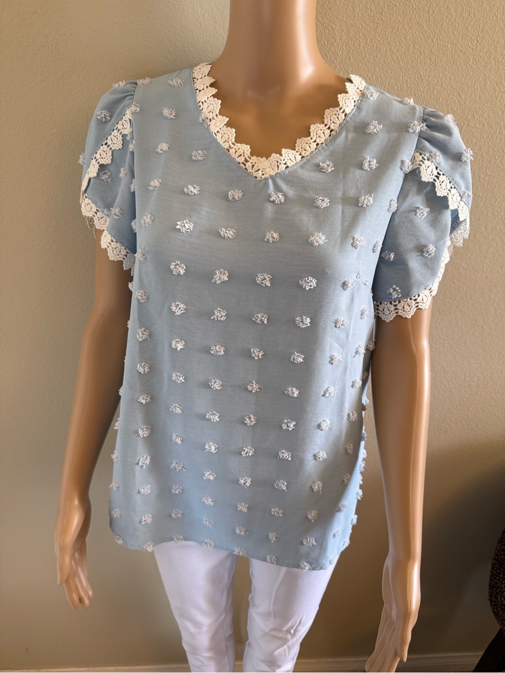 Light Blue Lace-Trim Puff Sleeve Blouse